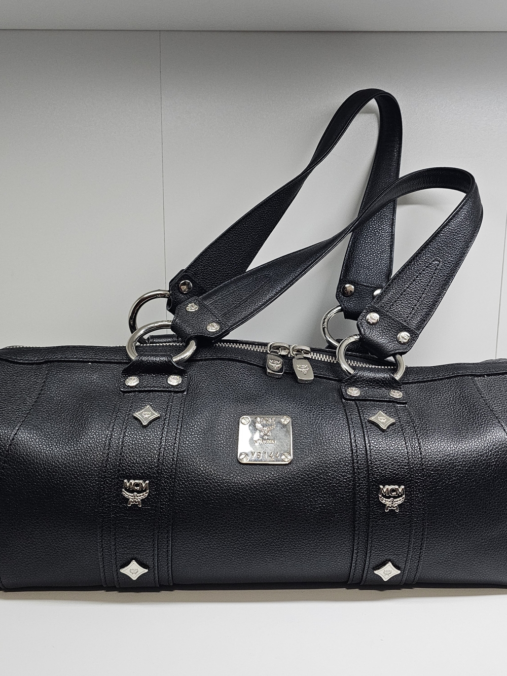 MCM Black Leather Barrel Duffel Bag